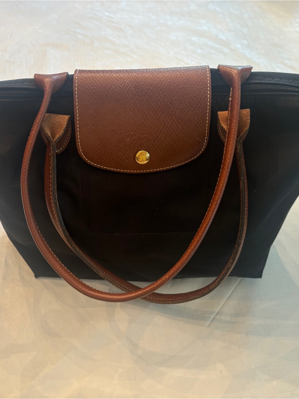 Longchamp Black Tote with Brown Leather Trim